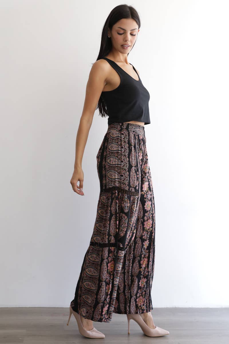 25R84-AA09 PRINTED FLARE PANTS WITH LACE INSERTS AND SMOCKED