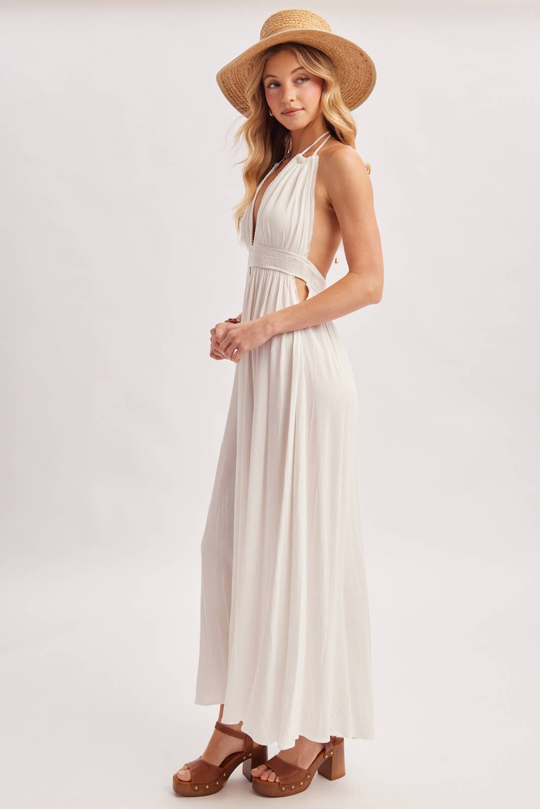 A CRINKLY CREPE DEEP V-NECK HALTER MAXI SUNDRESS