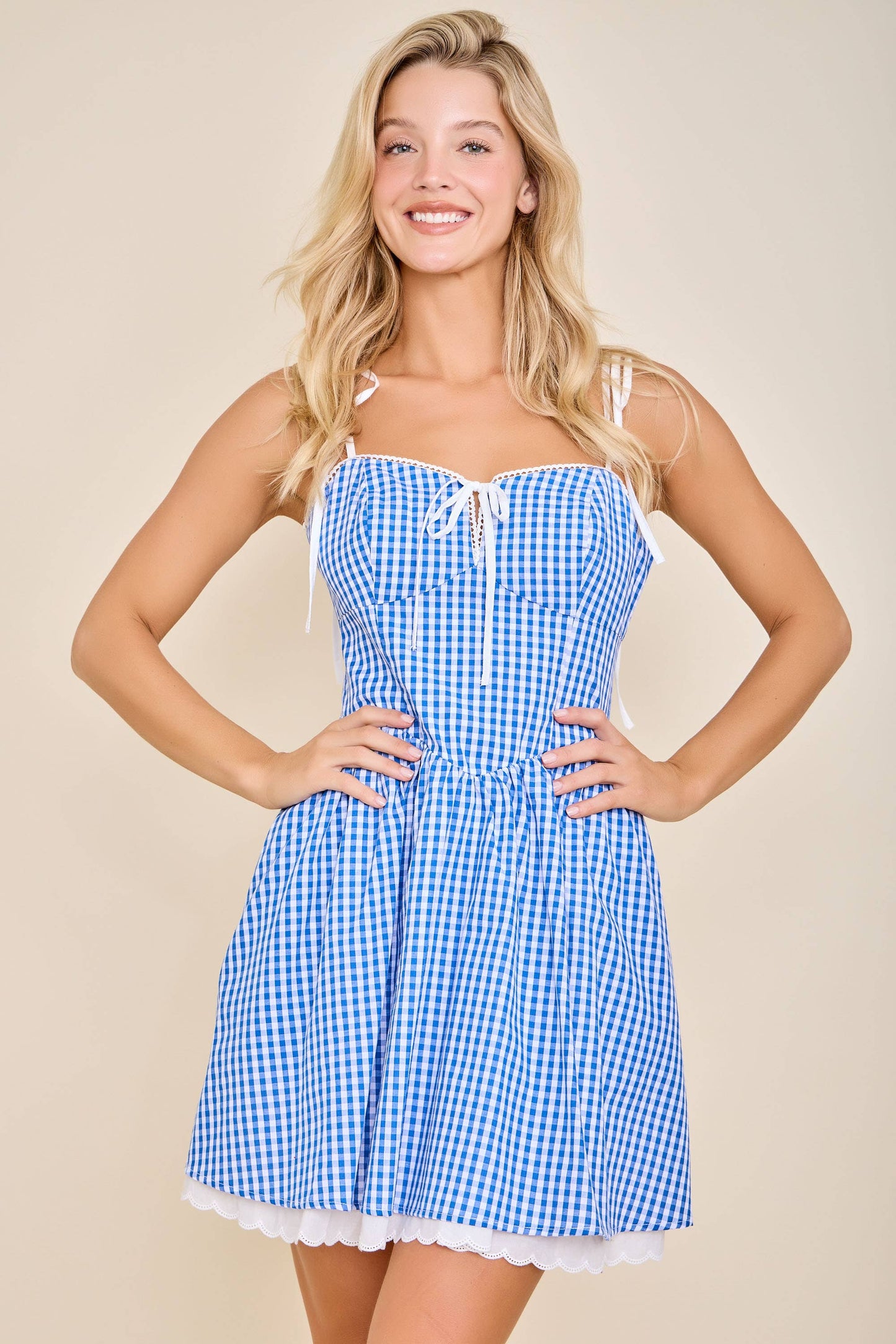 Gingham Corset Tie-Strap Flare mini dress