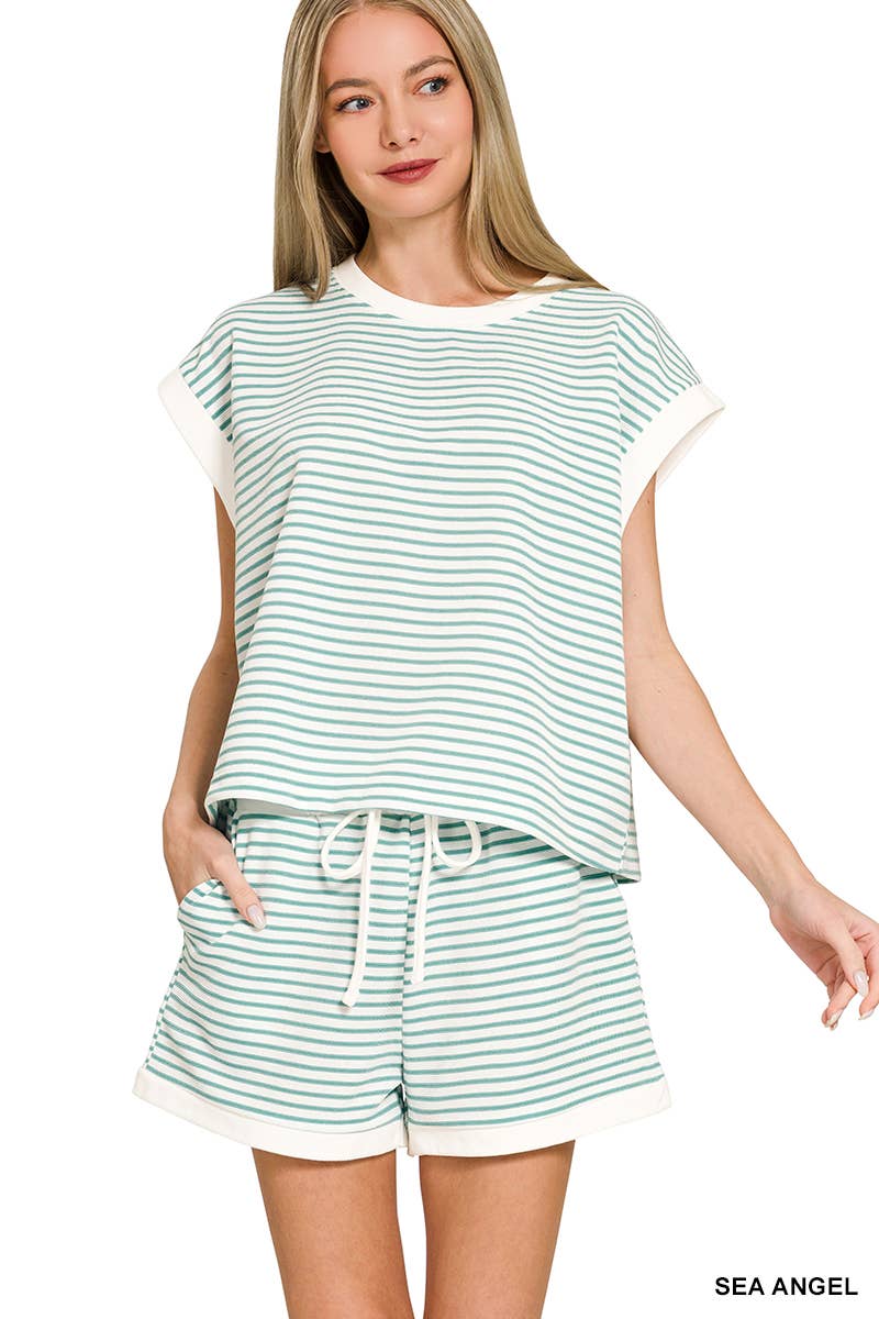 ....Stripe Contrast Trim Top & Shorts Set
