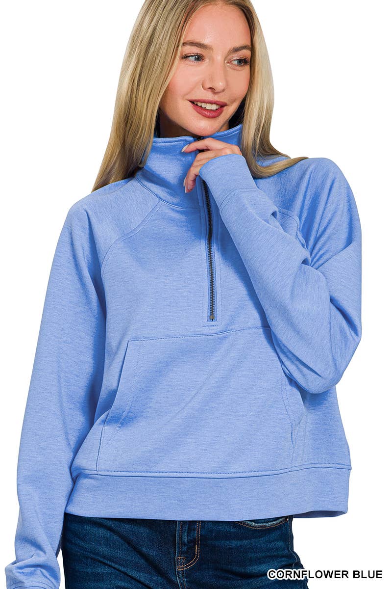 Scuba Half Zip Pullover With Kangaroo Pocket Zenana