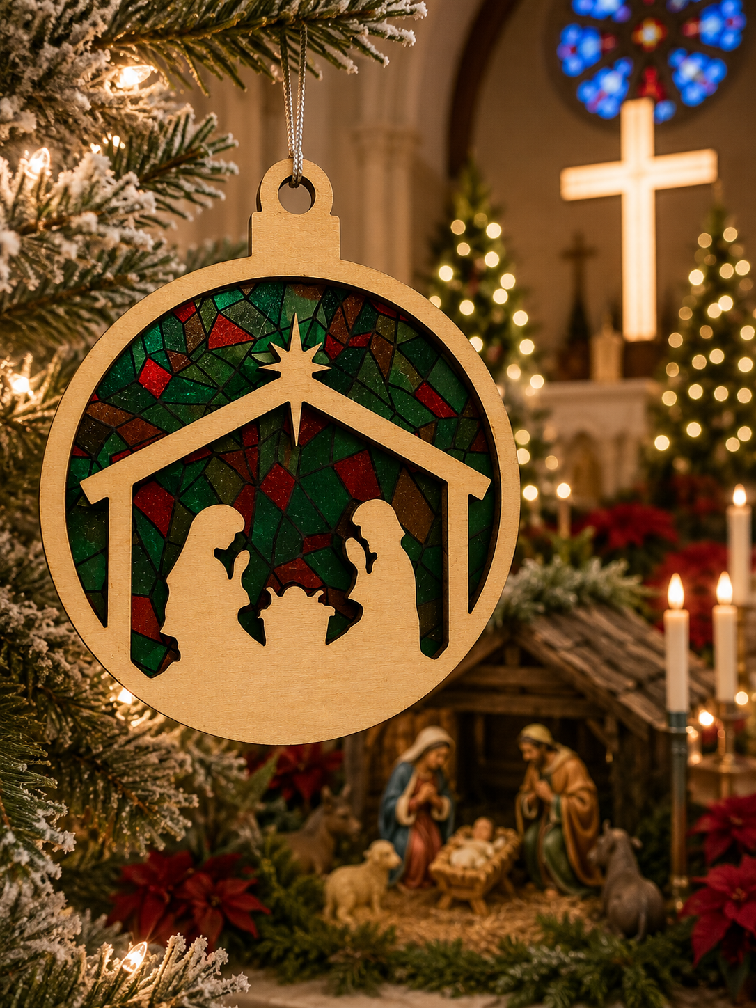 Nativity Stained Glass Ornament – Layered Wooden Christmas Ornament