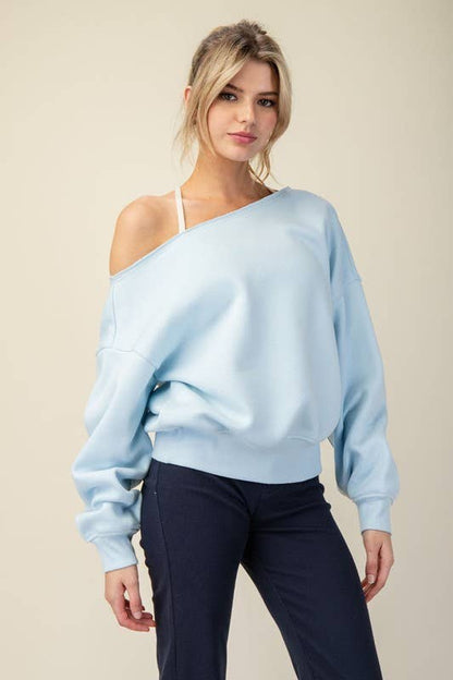 T689937 OFF SHOULDER FRENCH TERRY FLEECE TOP