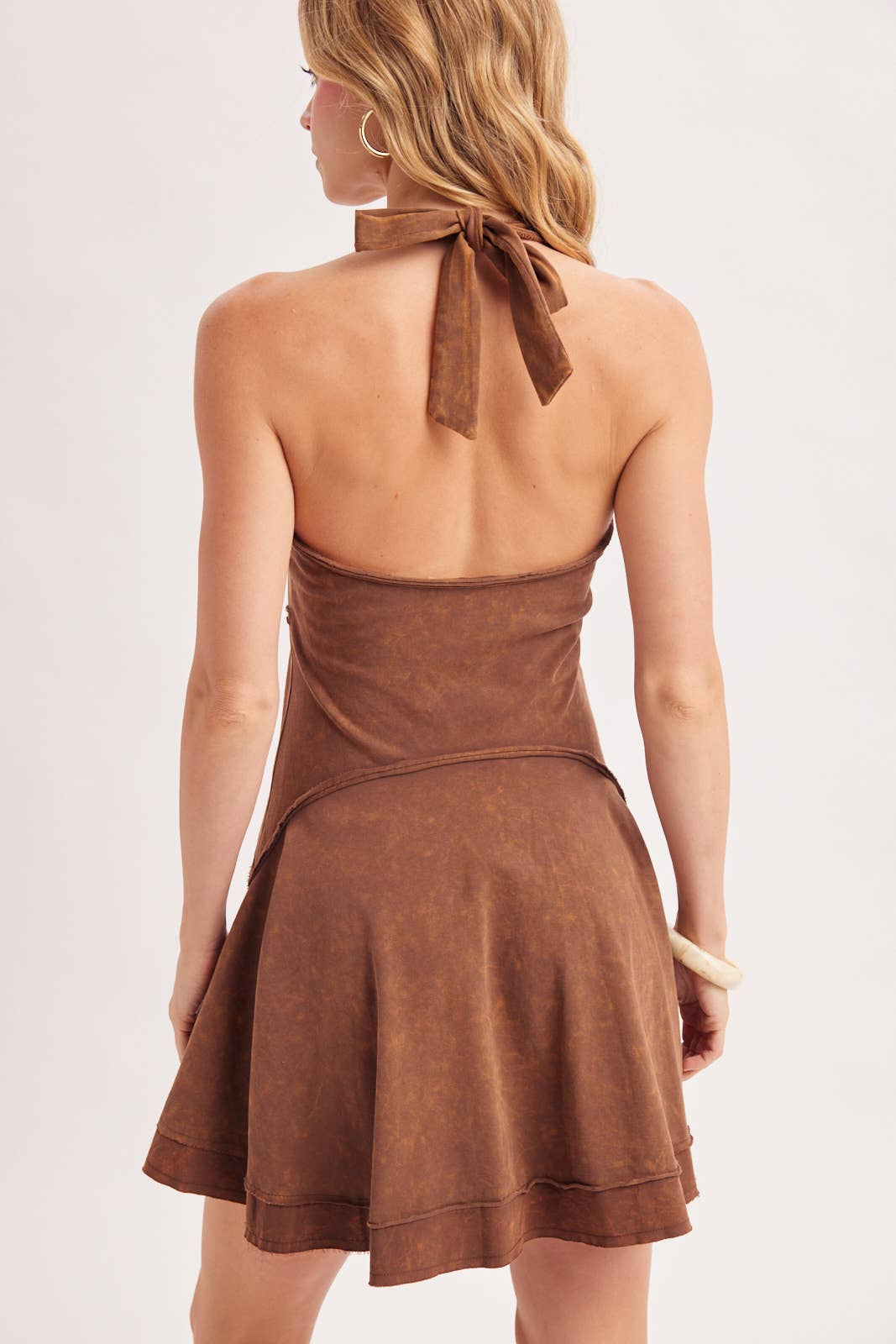OPEN-BACK WASHED SCOOP HALTER-NECK MINI DRESS