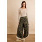 CAMO PRINT LACE HEM FULL LENGTH WIDE LEG PANTS