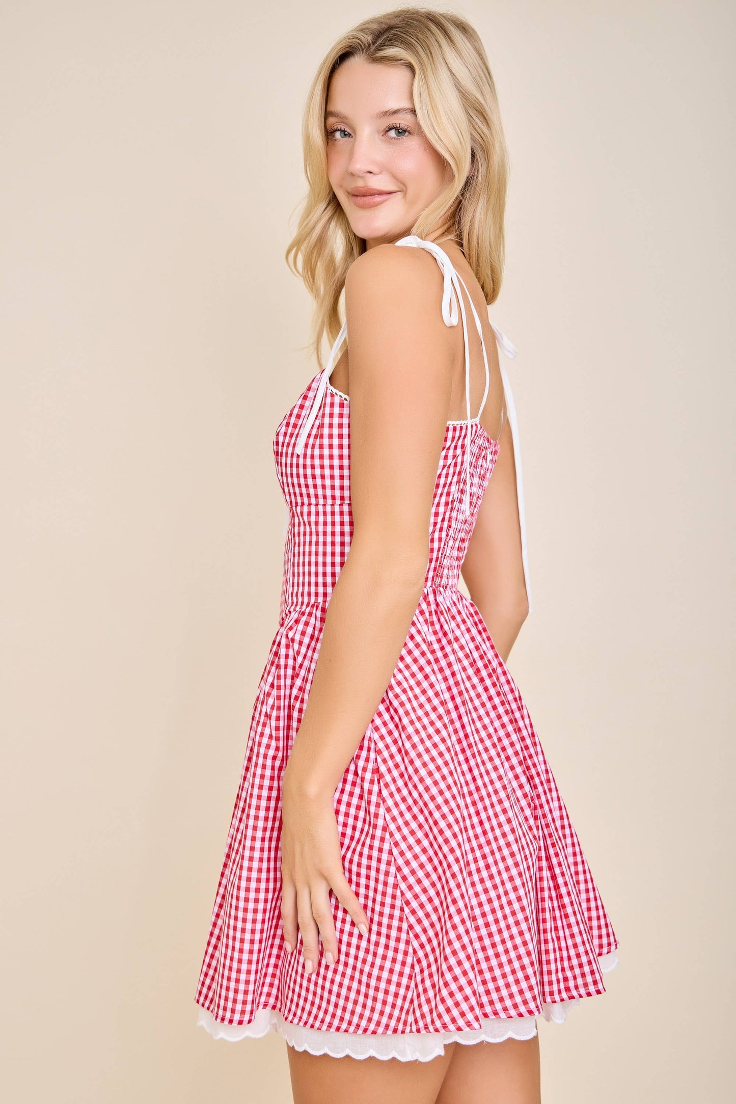 Gingham Corset Tie-Strap Flare mini dress