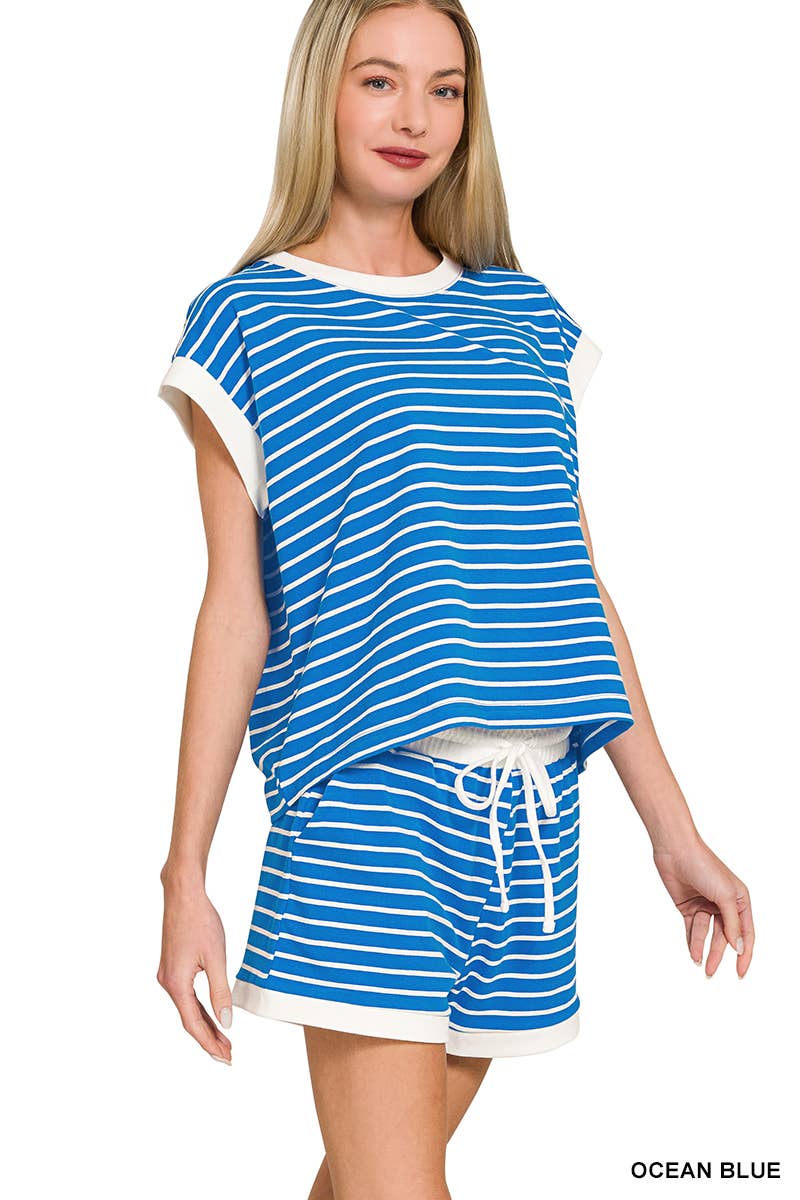 ...0223 Stripe Contrast Trim Top & Shorts Set SI-29132