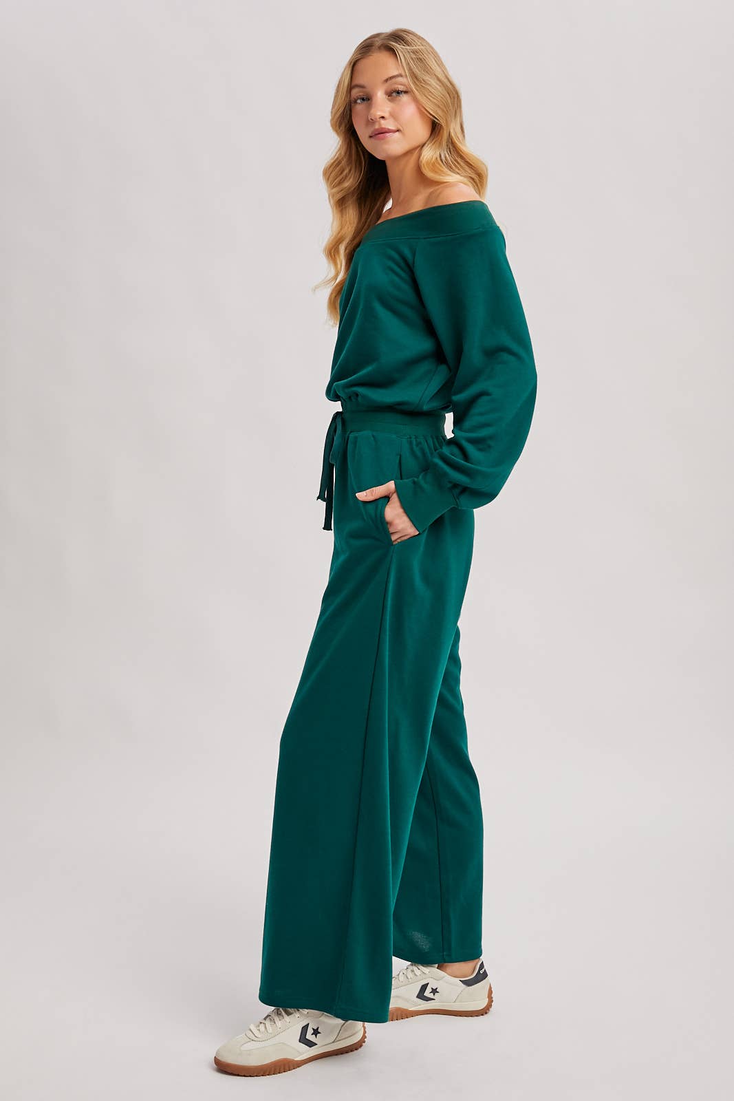 WIDE NECK OFF THE SHOULDER KNIT JUMPSUIT
