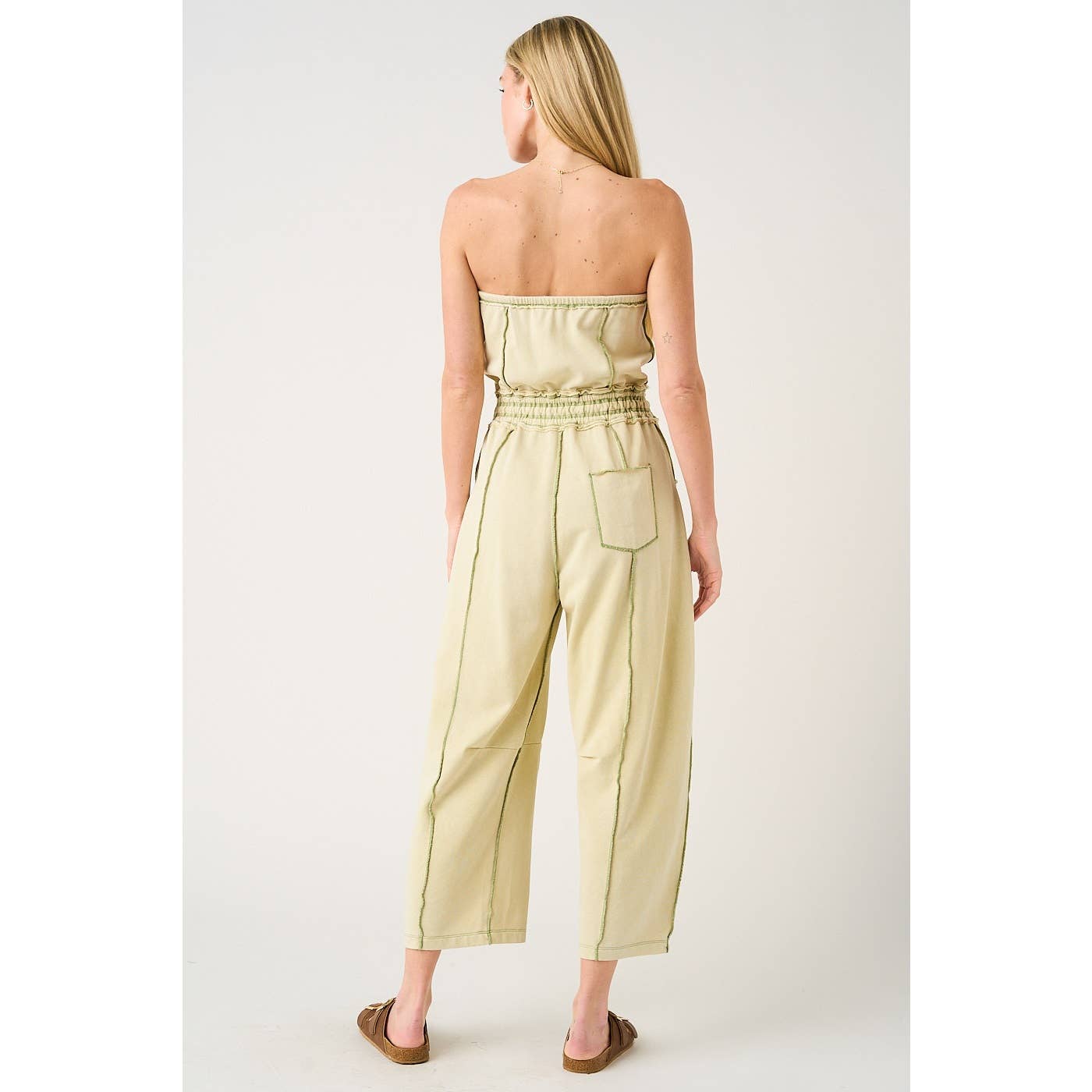MINERAL WASH CONTRAST STITCH BARREL LEG JUMPSUIT
