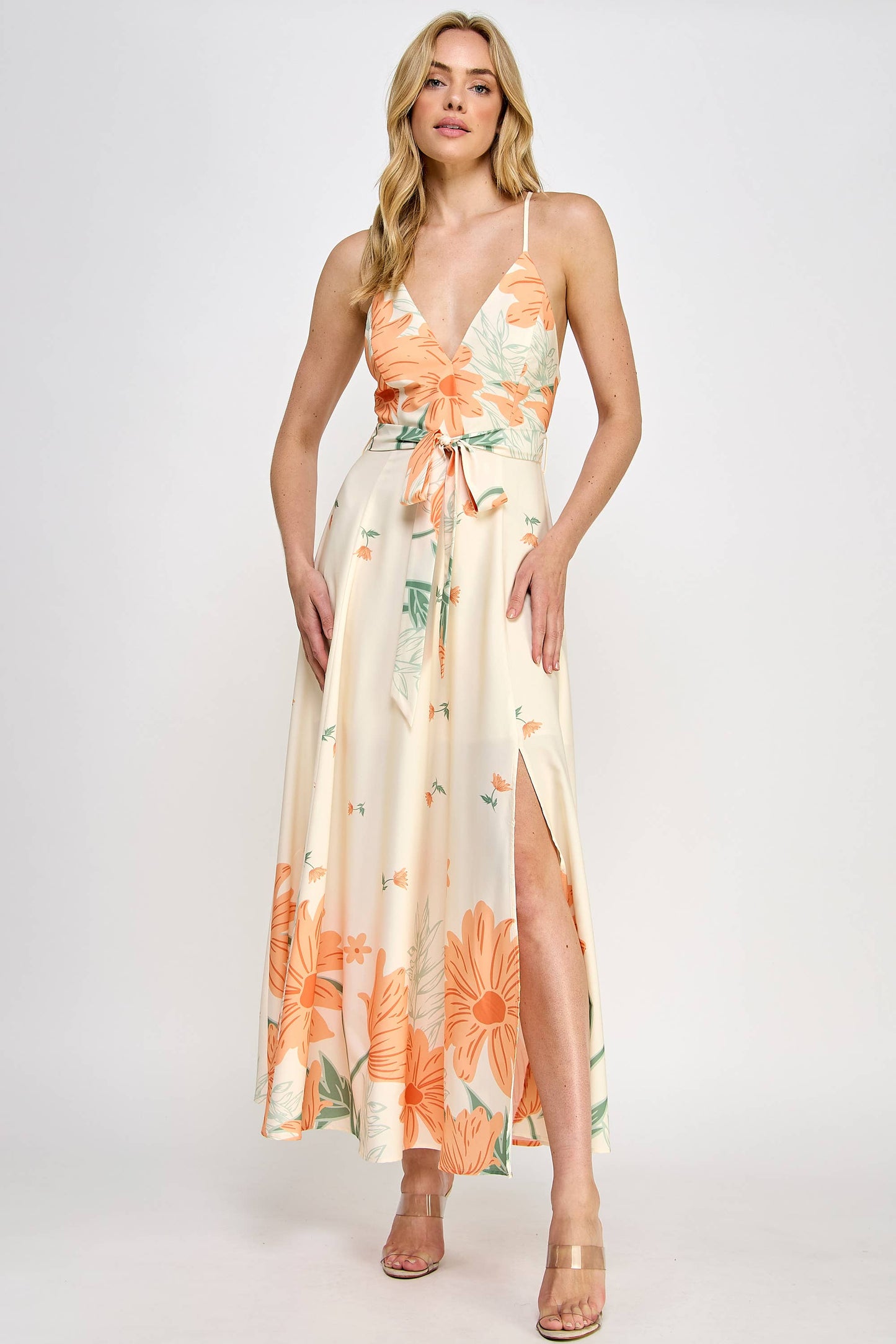 Floral Border Print Side Slit Maxi Dress