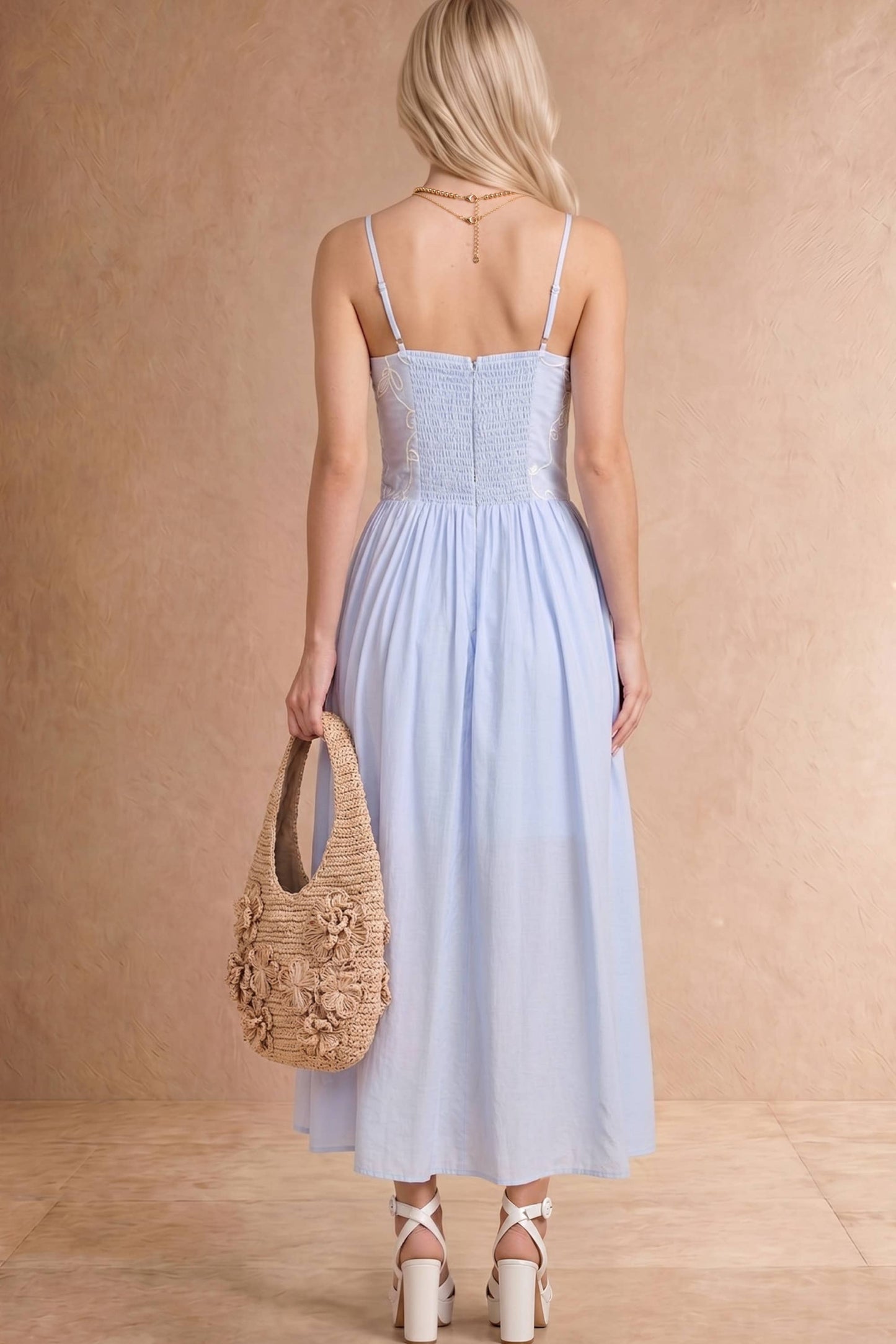 Embroidered Floral Strap Midi Dress