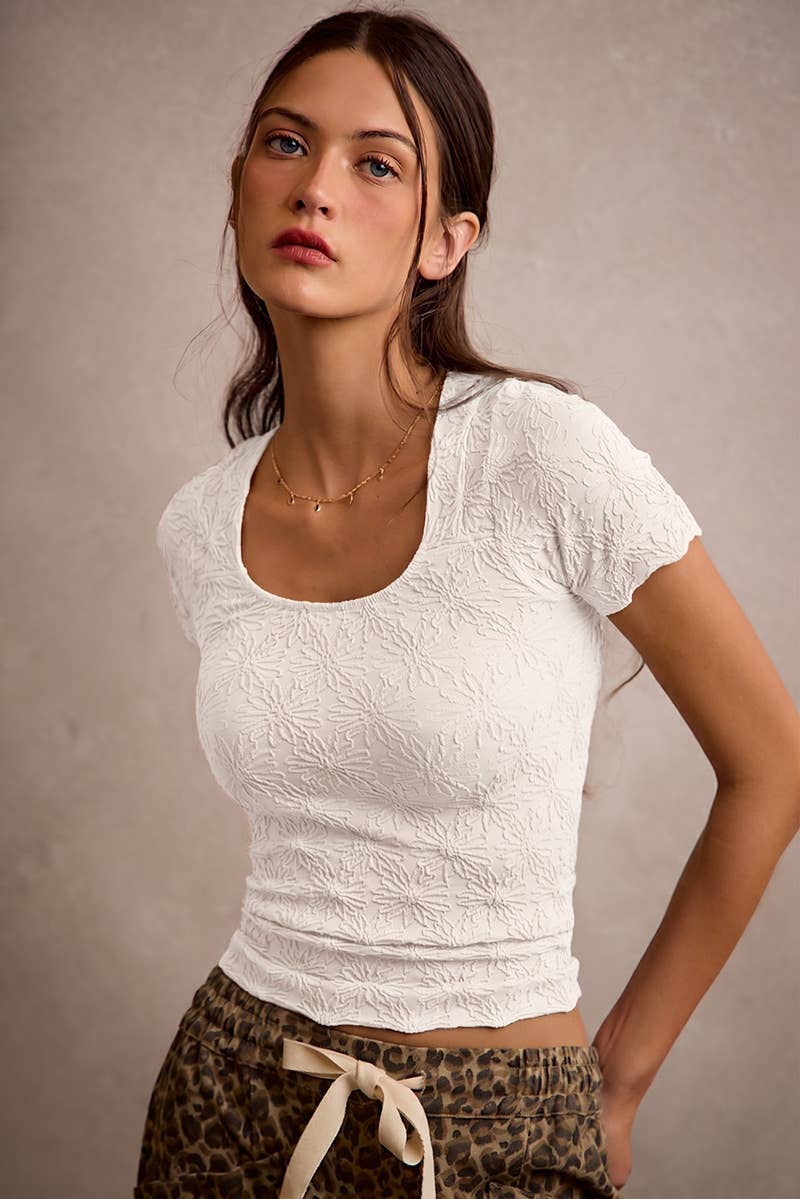 FLORAL PATTERNED TEXTURE SEAMLESS SHORT SLEEVE TOP