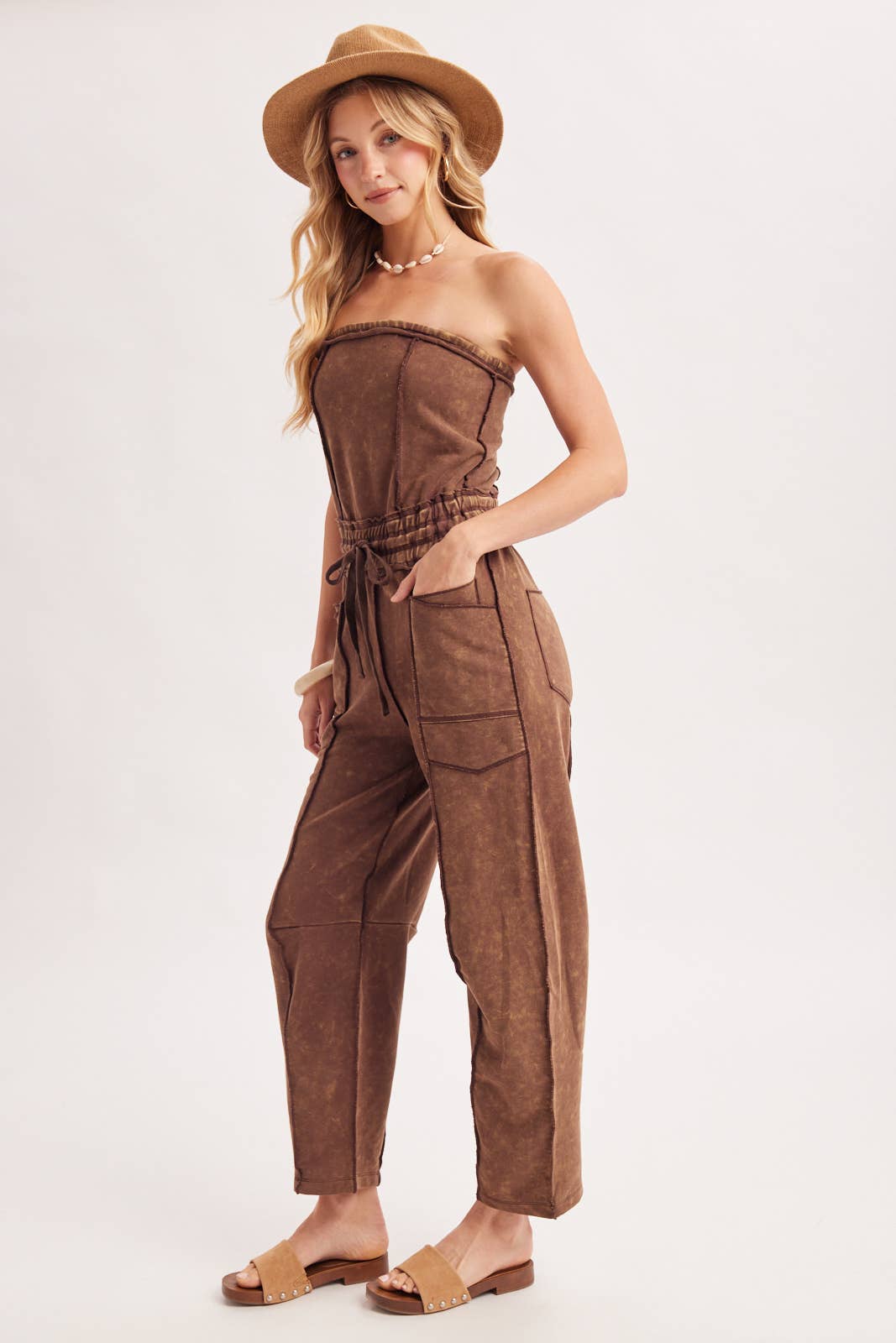 WASHED STRAPLESS SMOCKED WAIST DRAWSTRING JUMPSUIT