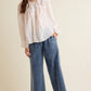 LACE TRIM WIDE LEG ELASTIC MID RISE DENIM PANTS