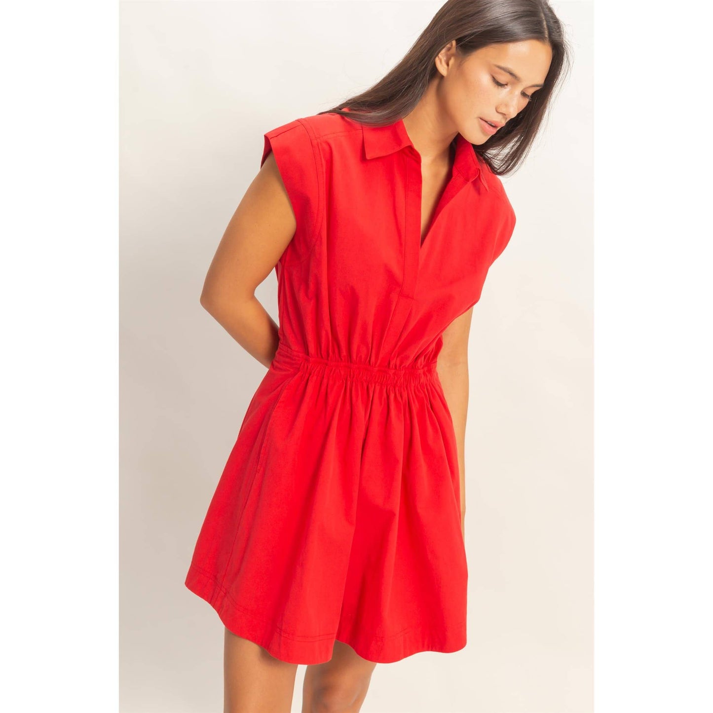 Sleeveless Collared Shirred Mini Dress