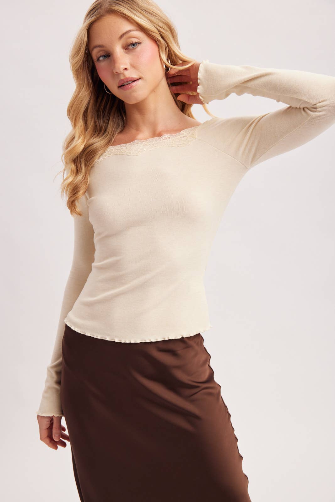 LACE TRIM SQUARE & BOAT NECK 2-WAY KNIT TOP