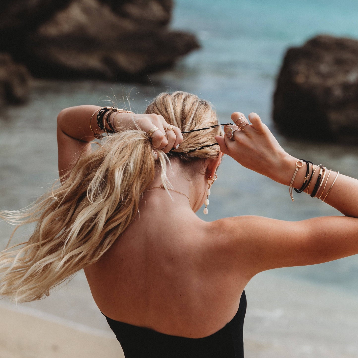 "Connect" Black & Cream with Gold Accent Hair Tie Bracelets