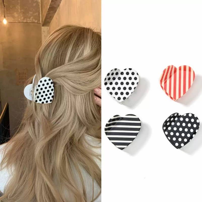 Polka Dot & Striped Heart Hair Claw Clips | 40H1053