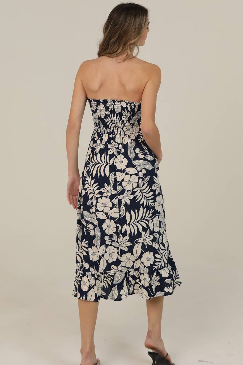 C4F45-A920 SMOCKED BODICE STRAPLESS MIDI DRESS W POCKETS