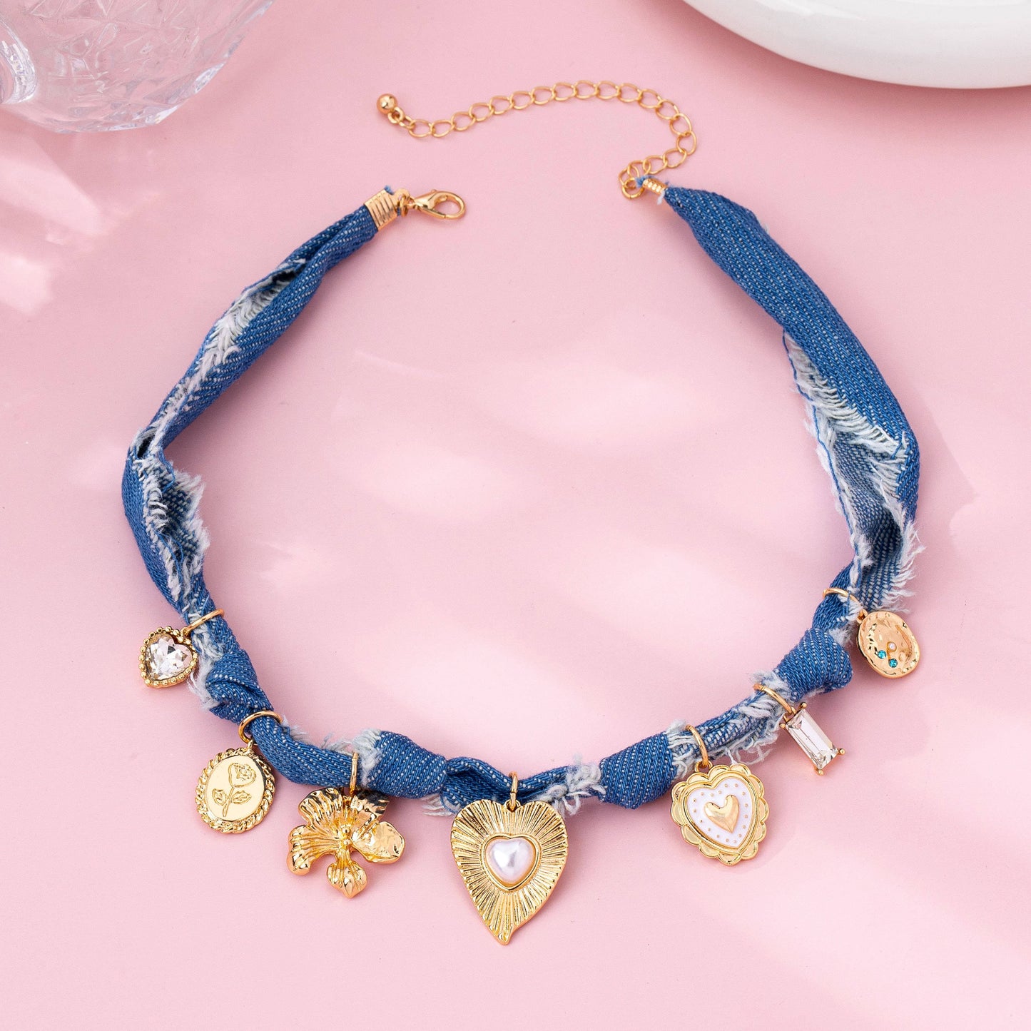 Distressed Denim Heart Floral Charm Necklace | 80N92861