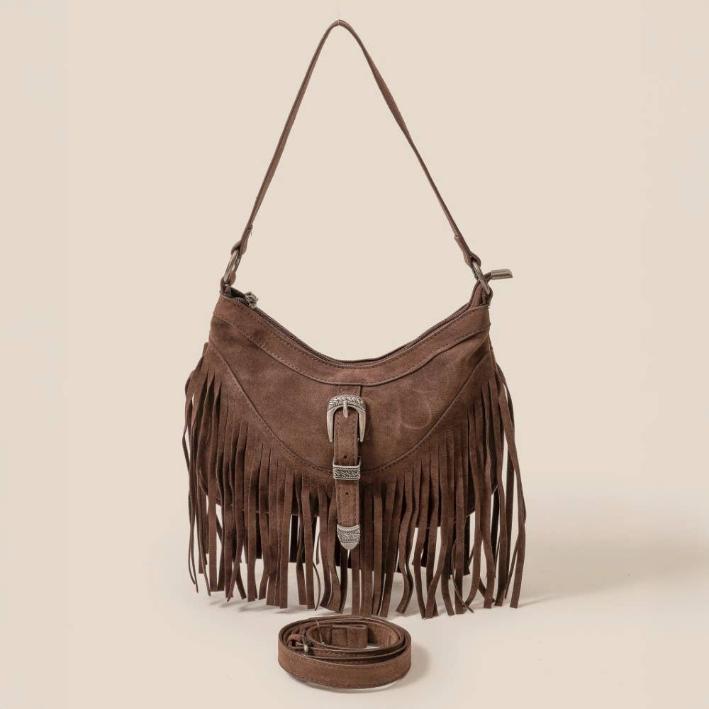 Faux Suede Cascade Fringe Shoulder Bag