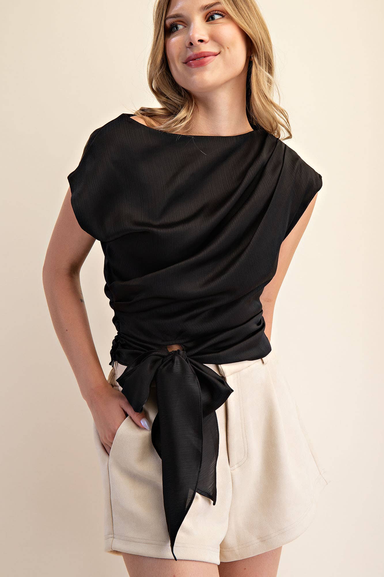 Boat Neck Waist Tie Blouse