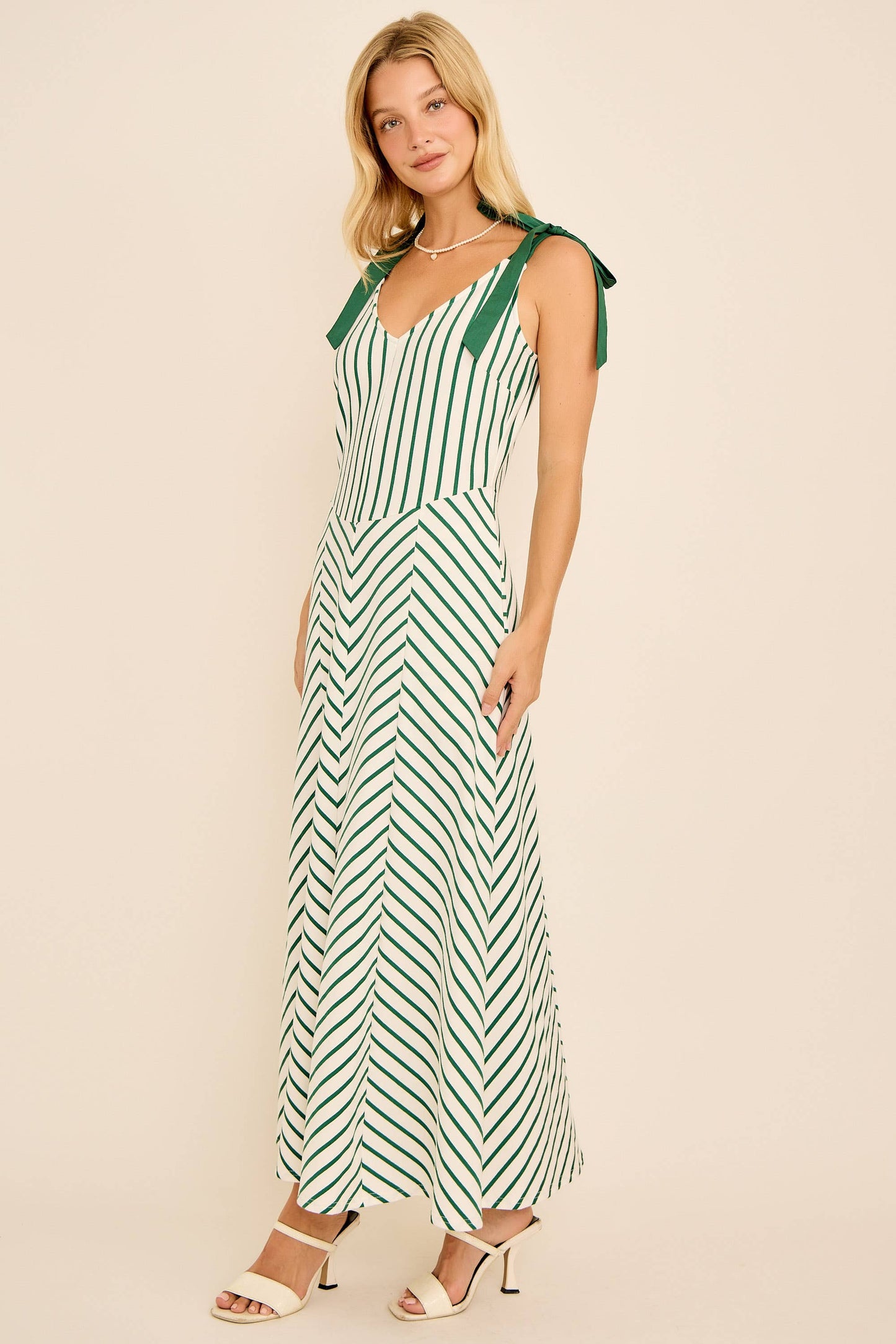 A-line long midi cotton knit dress with stripe