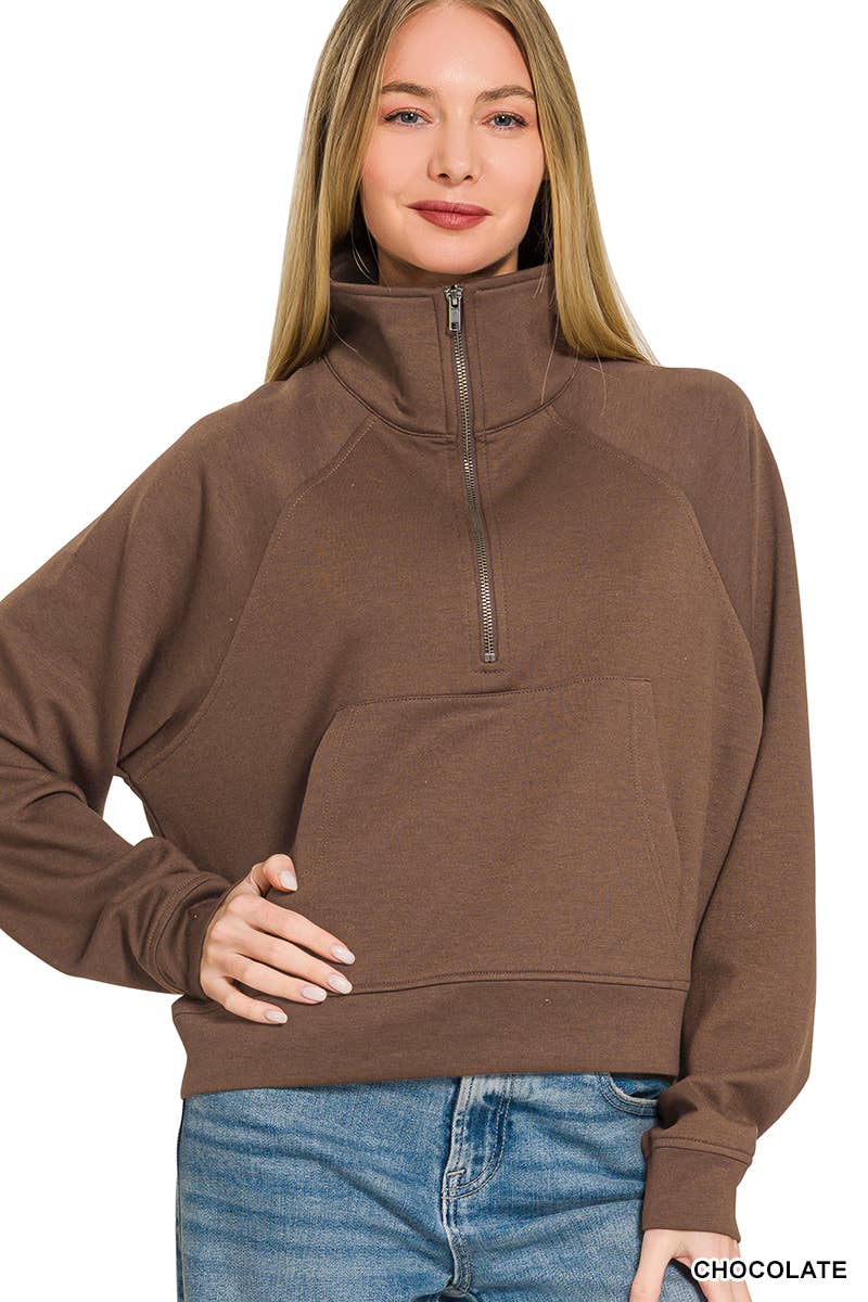 Scuba Half Zip Pullover With Kangaroo Pocket Zenana