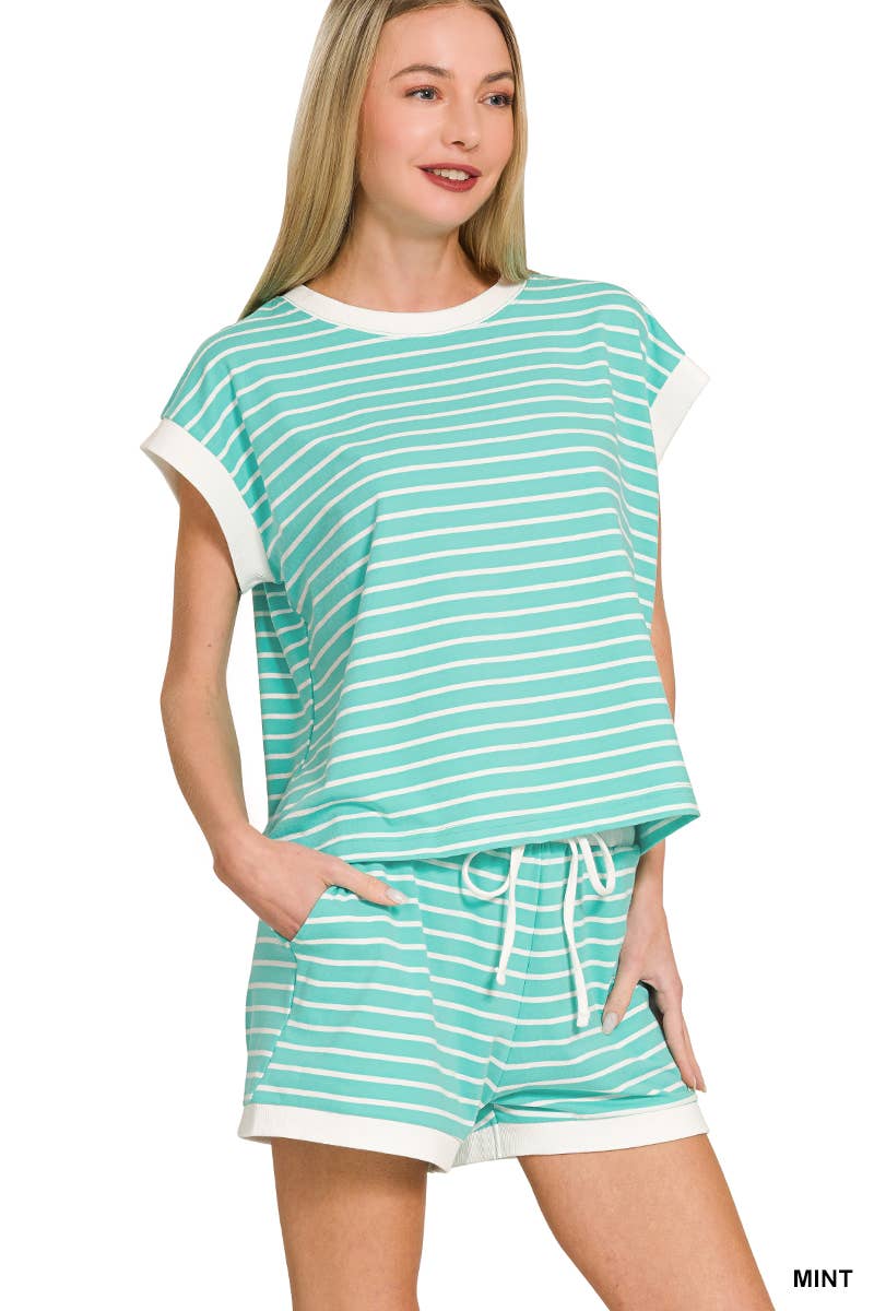 ...0223 Stripe Contrast Trim Top & Shorts Set SI-29132