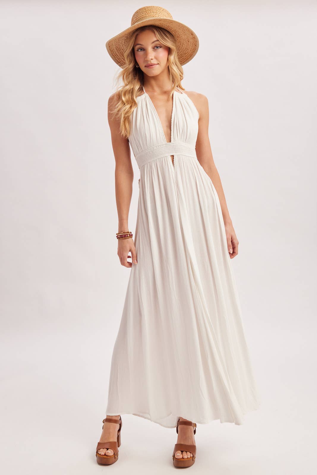 A CRINKLY CREPE DEEP V-NECK HALTER MAXI SUNDRESS