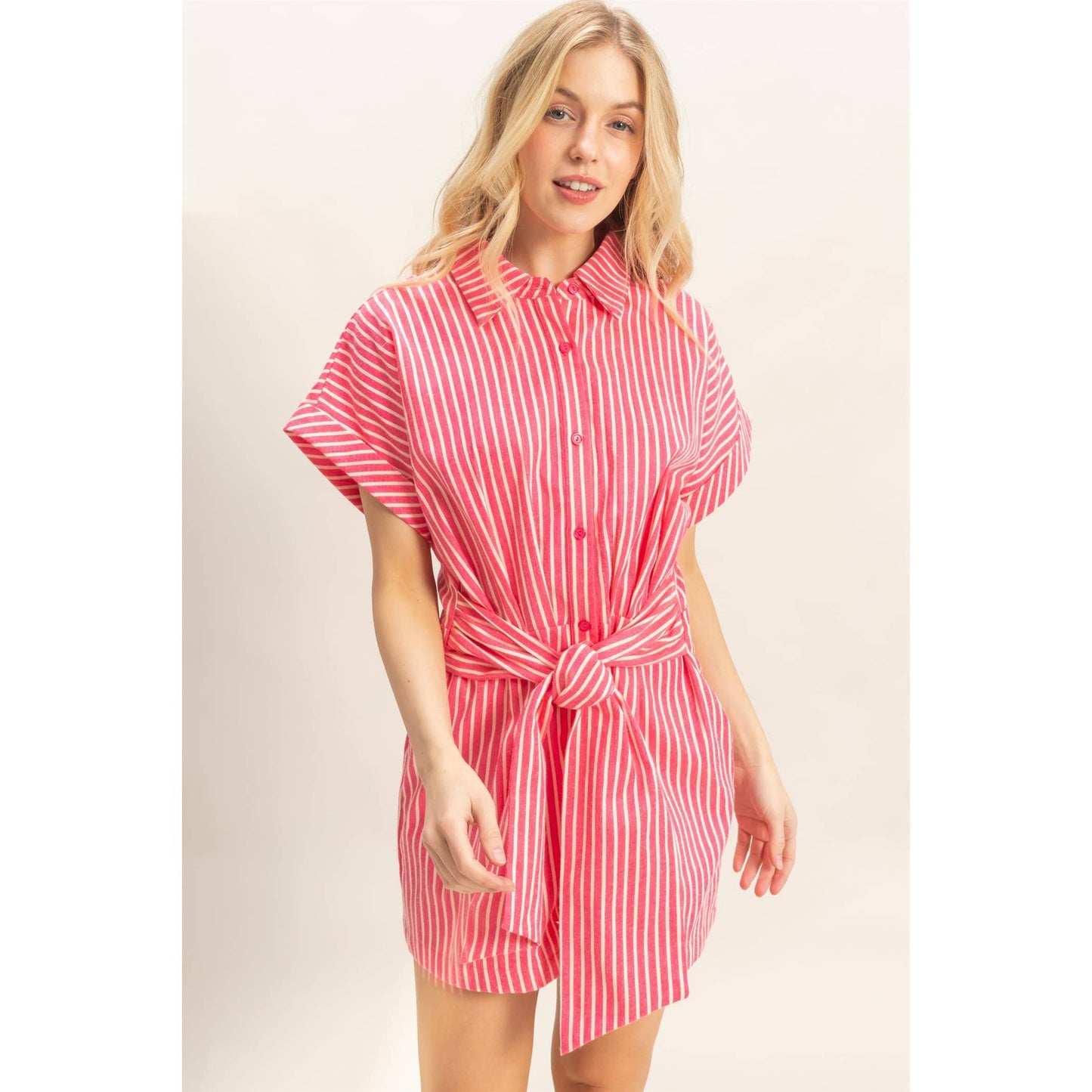 Collared Striped Romper With Sash