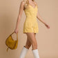 Washed Denim V-Neck Romper with Pleat Detail & Tie Straps