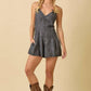 Washed Denim V-Neck Romper with Pleat Detail & Tie Straps