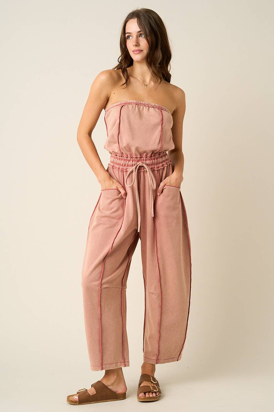 MINERAL WASH CONTRAST STITCH BARREL LEG JUMPSUIT