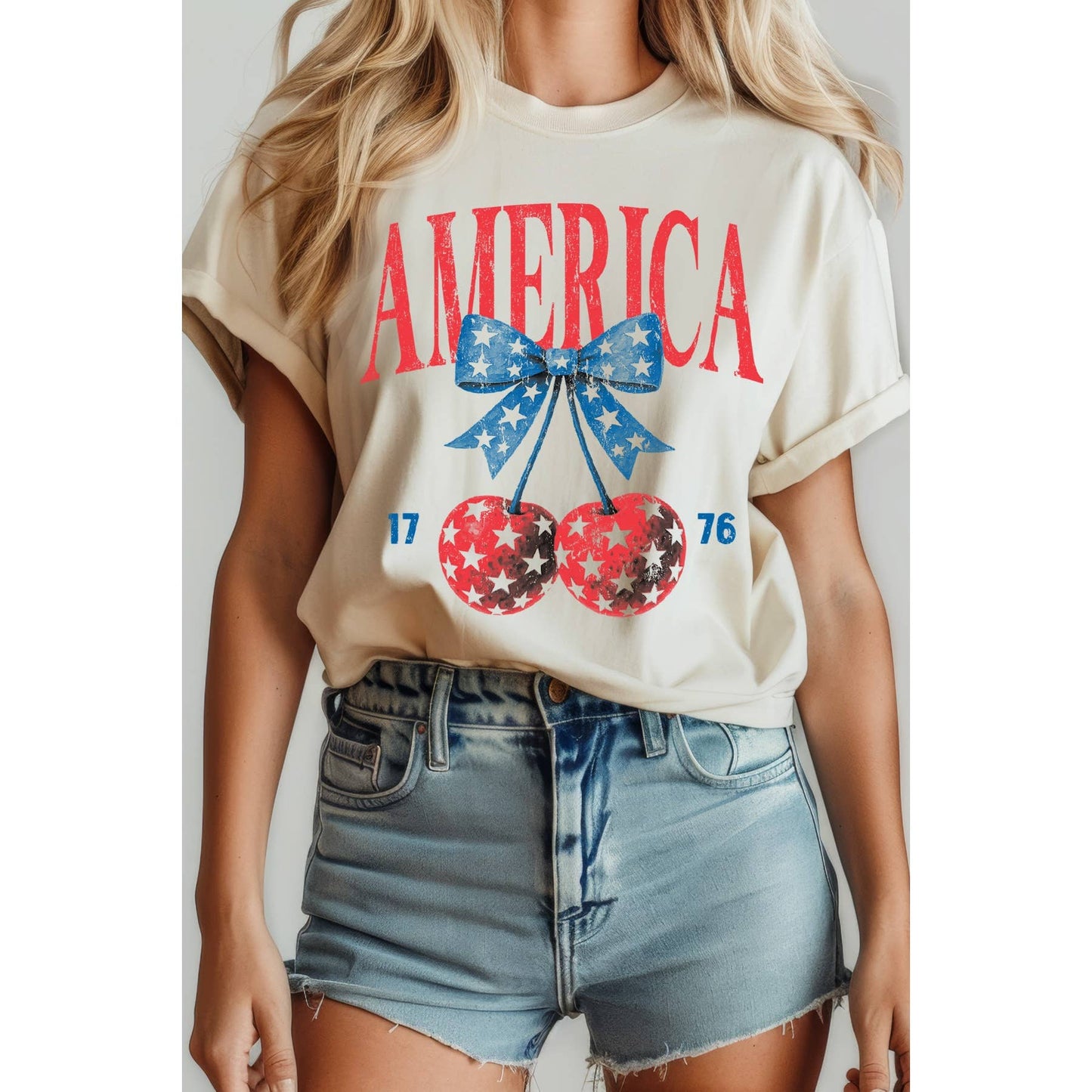 America Cherry Bow Short Sleeve T Shirt
