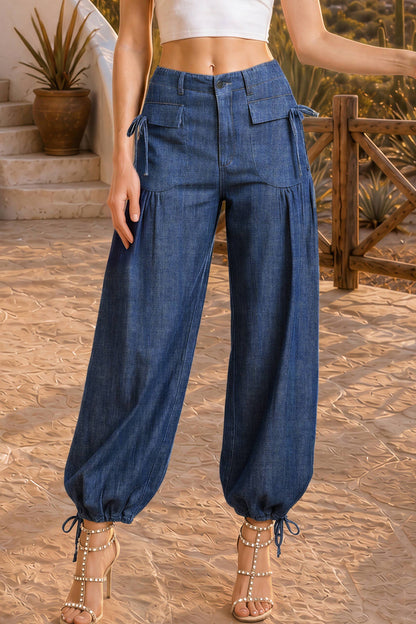 Dual-Style Wide-Leg and Cinched Jogger Denim Pants