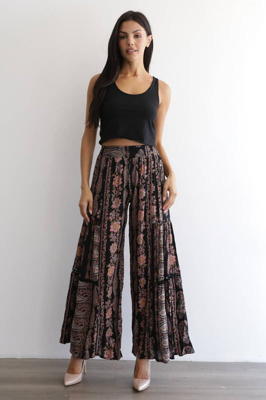25R84-AA09 PRINTED FLARE PANTS WITH LACE INSERTS AND SMOCKED
