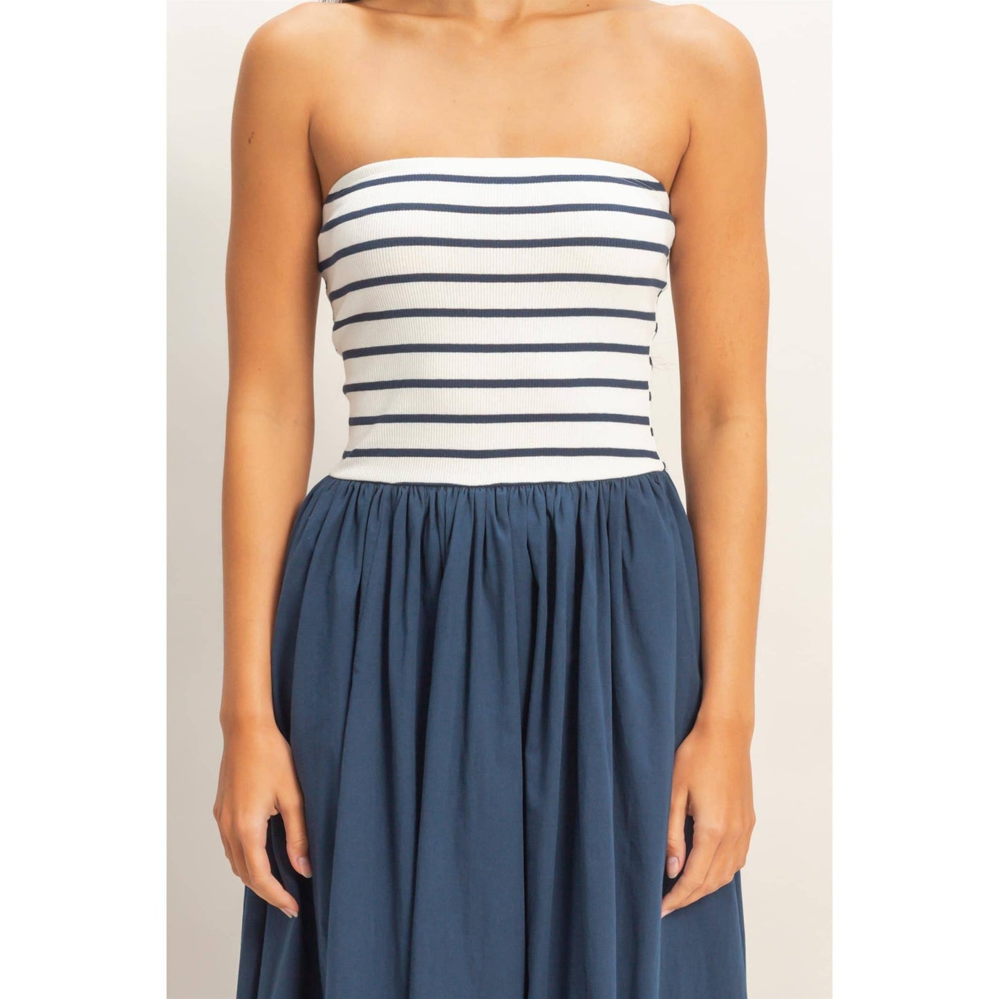 Striped Strapless Flowy Midi Dress