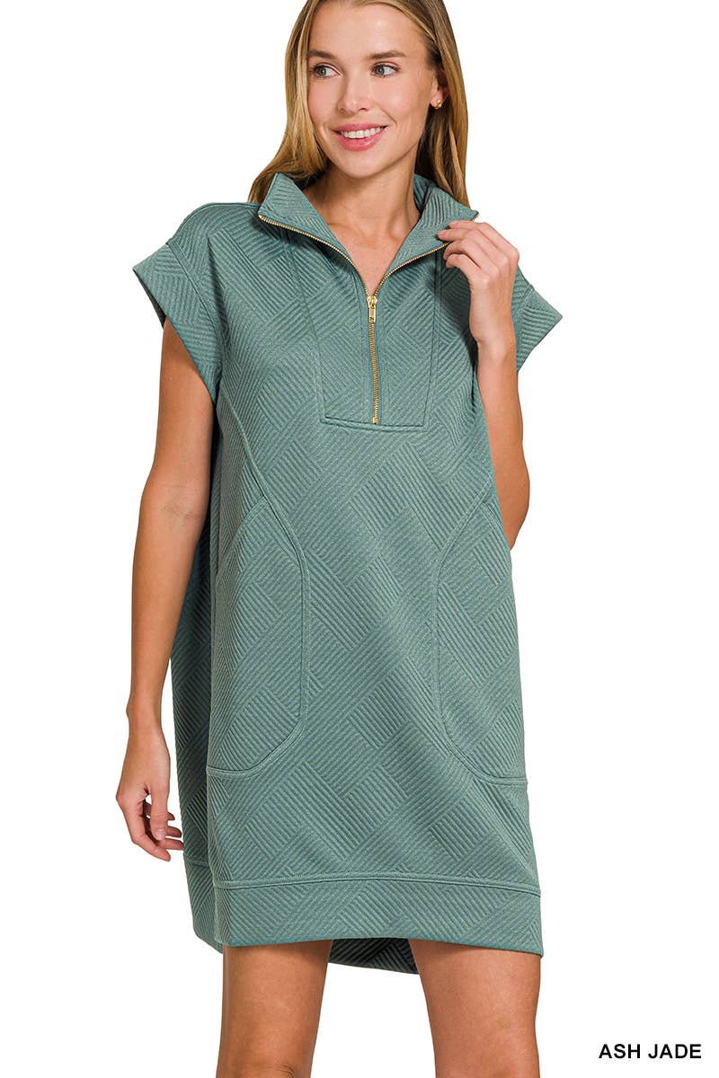 Textured Knit Jacquard Quarter Zipper Dress Zenana