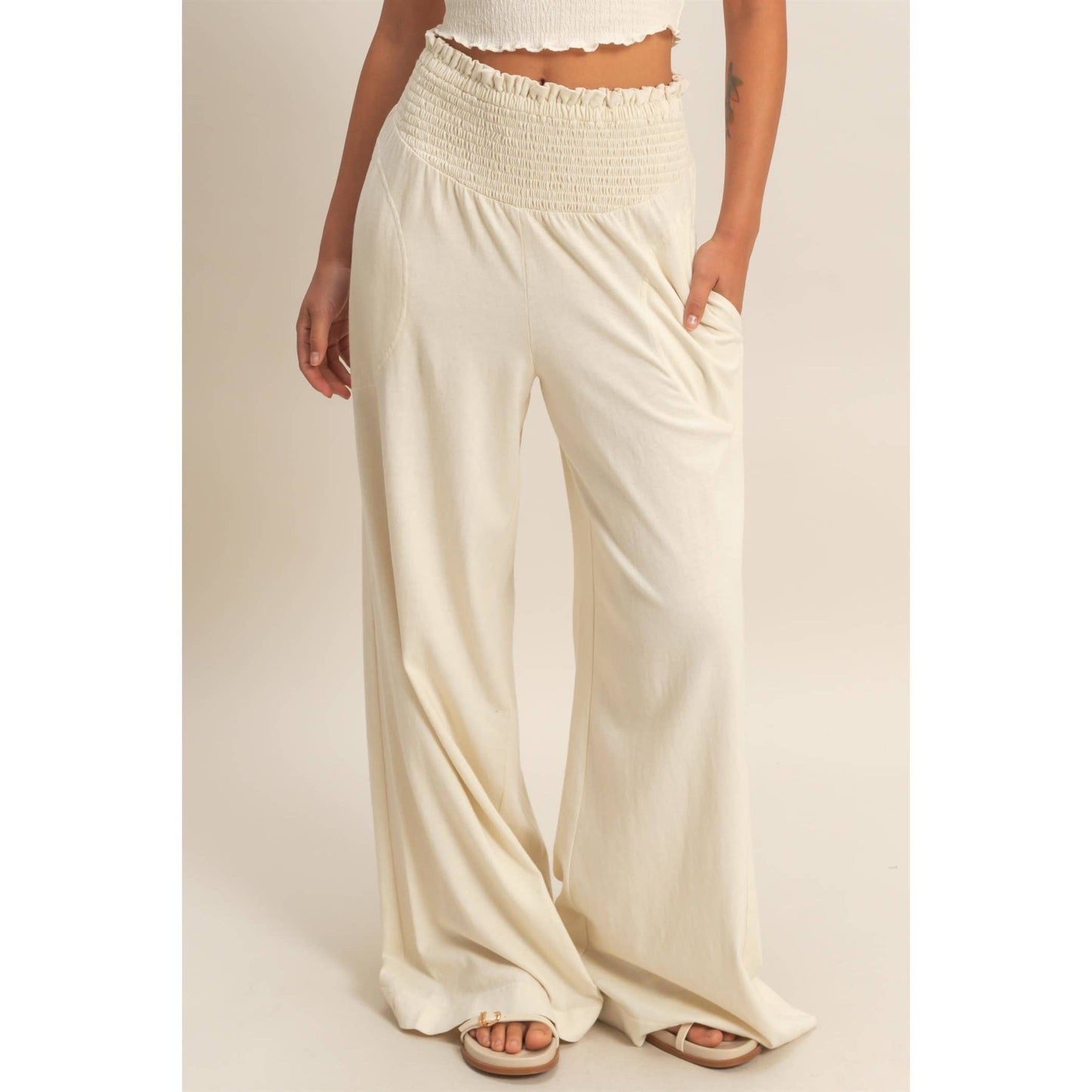 Mineral Washed Wide-Leg Smocked Waist Pants