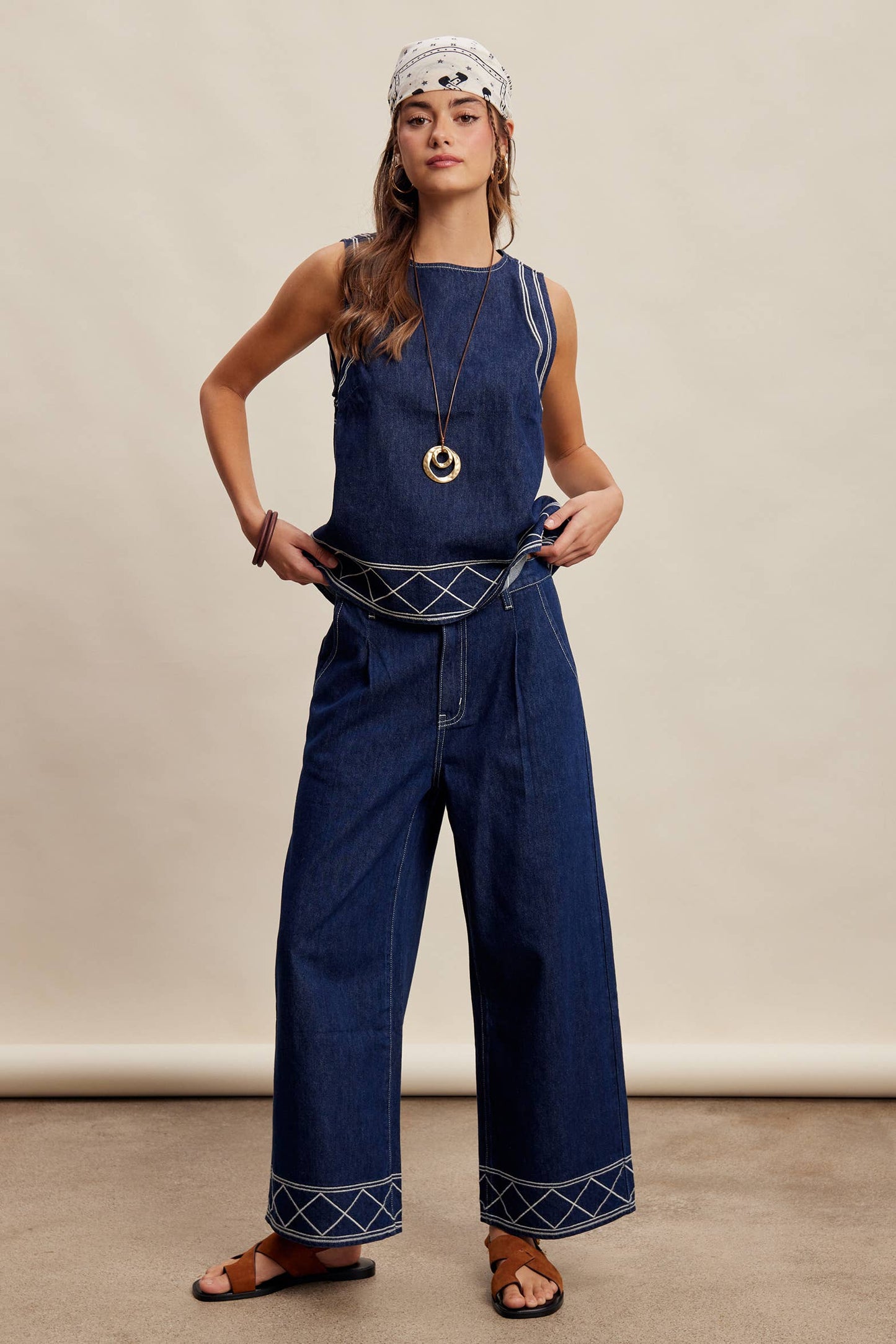 Embroidered Denim Tank & Wide-Leg Pants Set