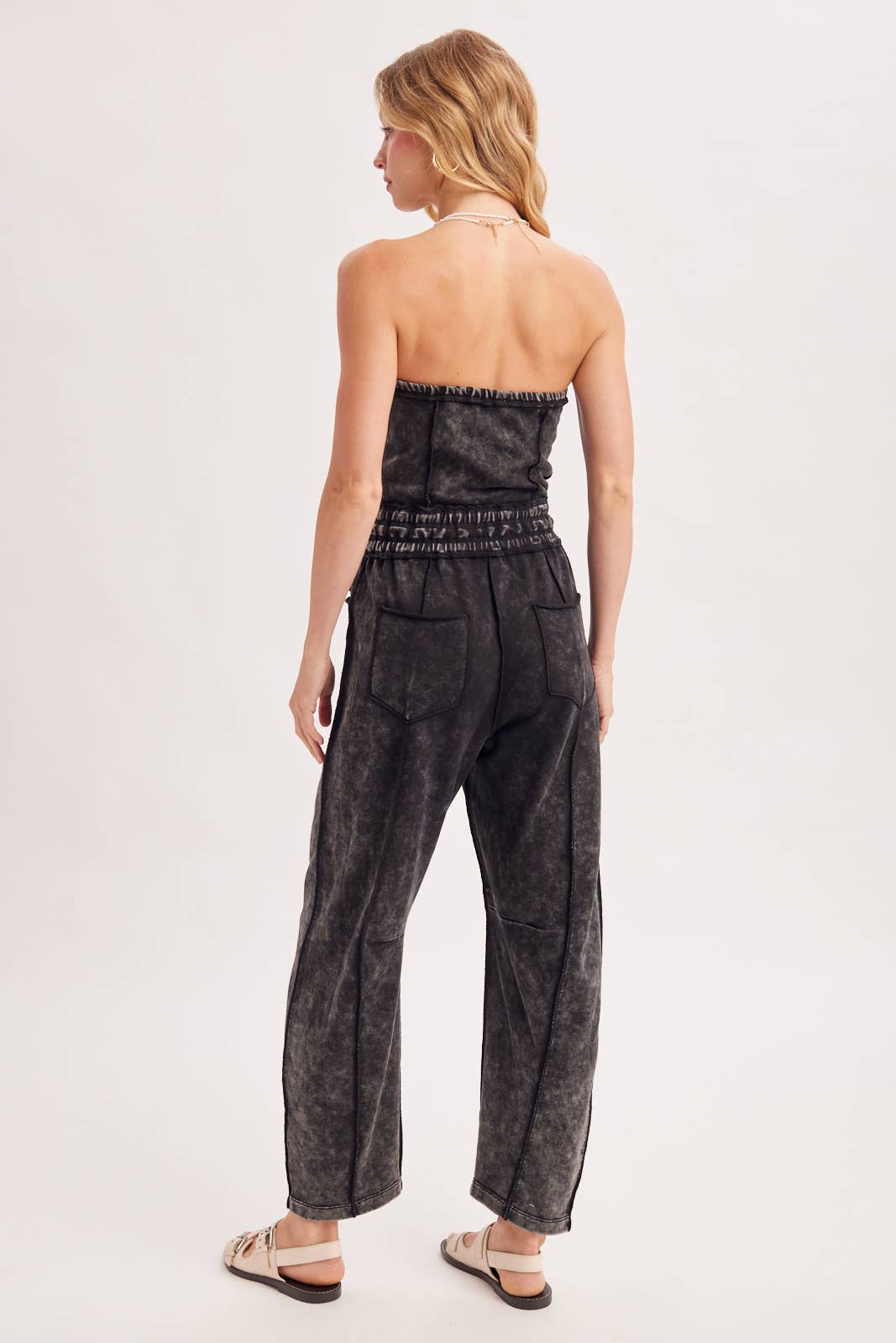 WASHED STRAPLESS SMOCKED WAIST DRAWSTRING JUMPSUIT