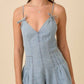 Washed Denim V-Neck Romper with Pleat Detail & Tie Straps