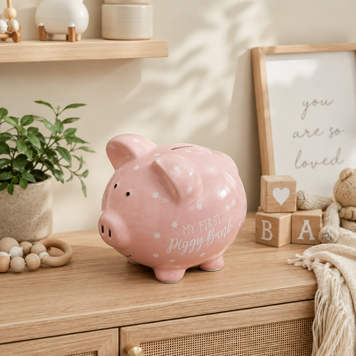 Large Ceramic My First Piggy Bank, Pink Floral
