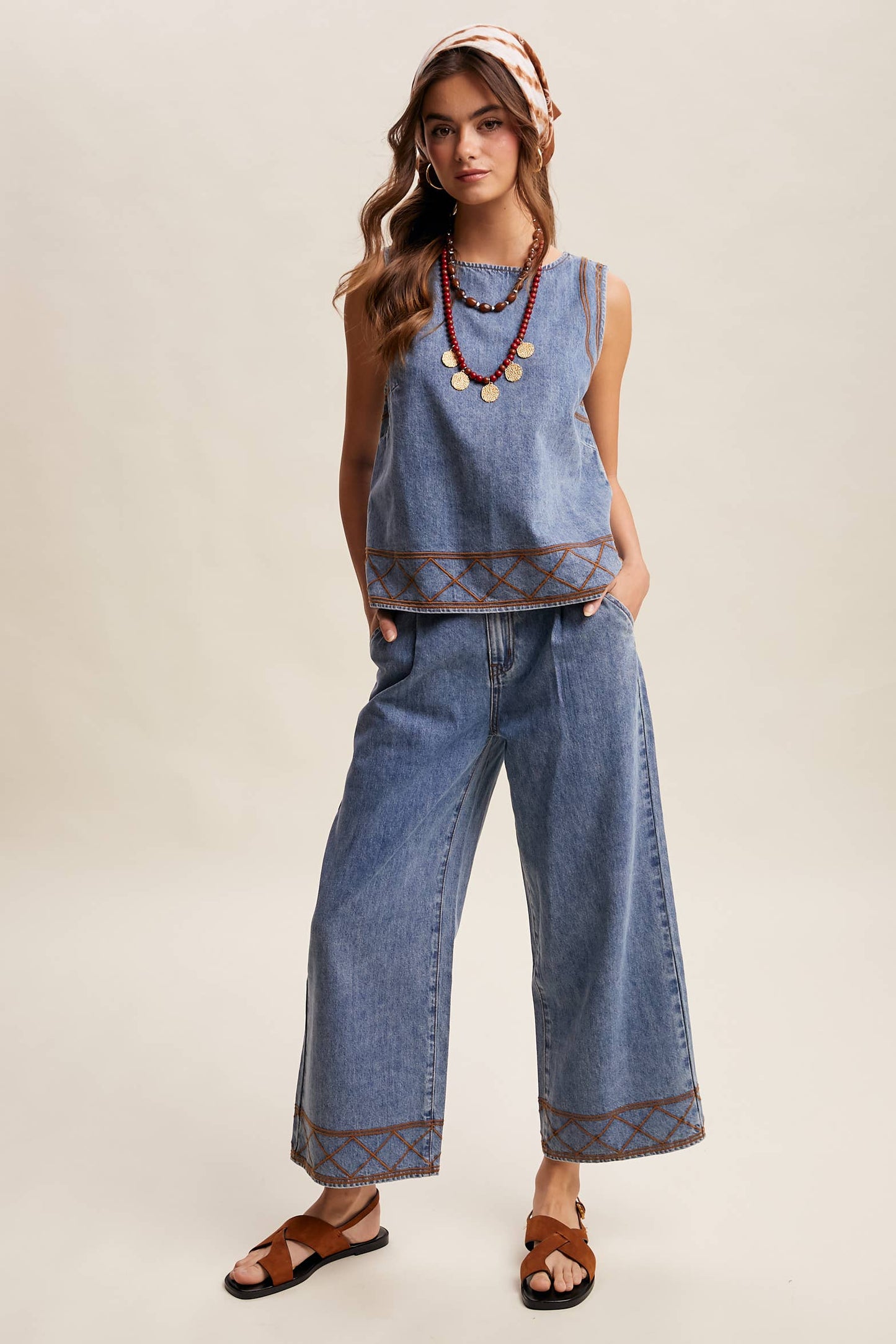 Embroidered Denim Tank & Wide-Leg Pants Set