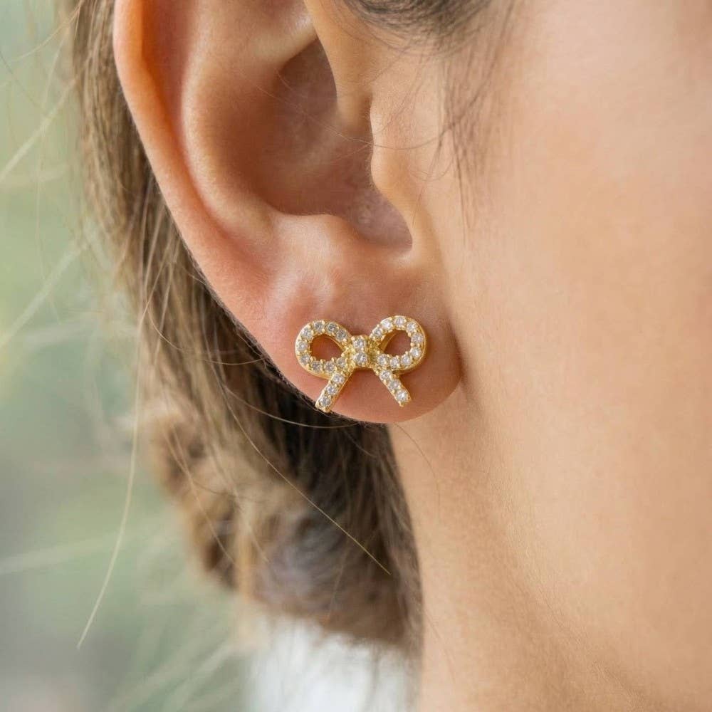 Gold Dipped Cz Pave Ribbon Bow Stud Earrings