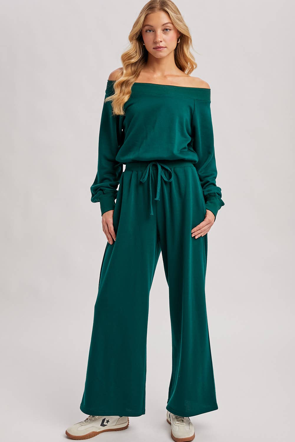 WIDE NECK OFF THE SHOULDER KNIT JUMPSUIT