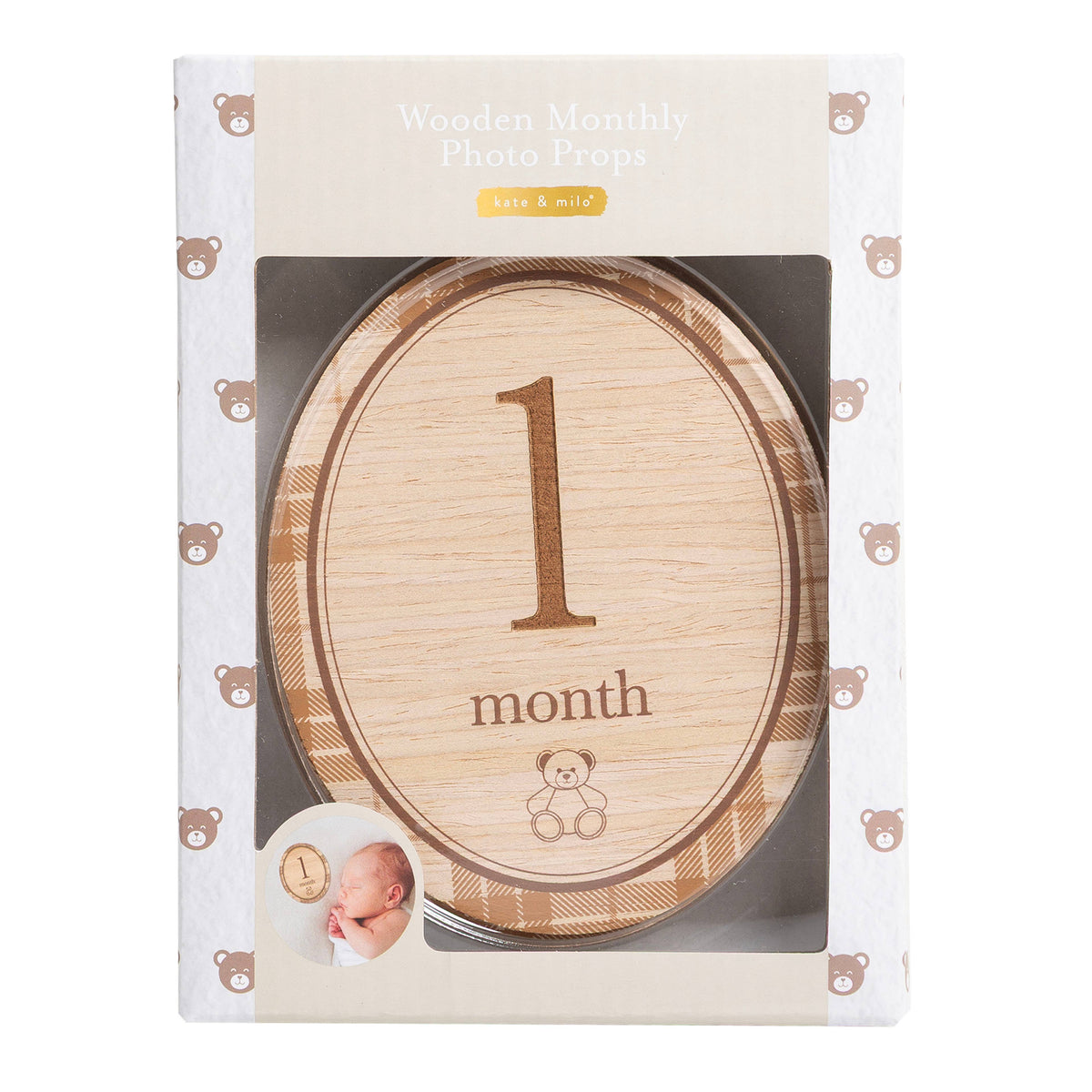 Wooden Monthly Milestone Photo Props Discs, Oval Bear