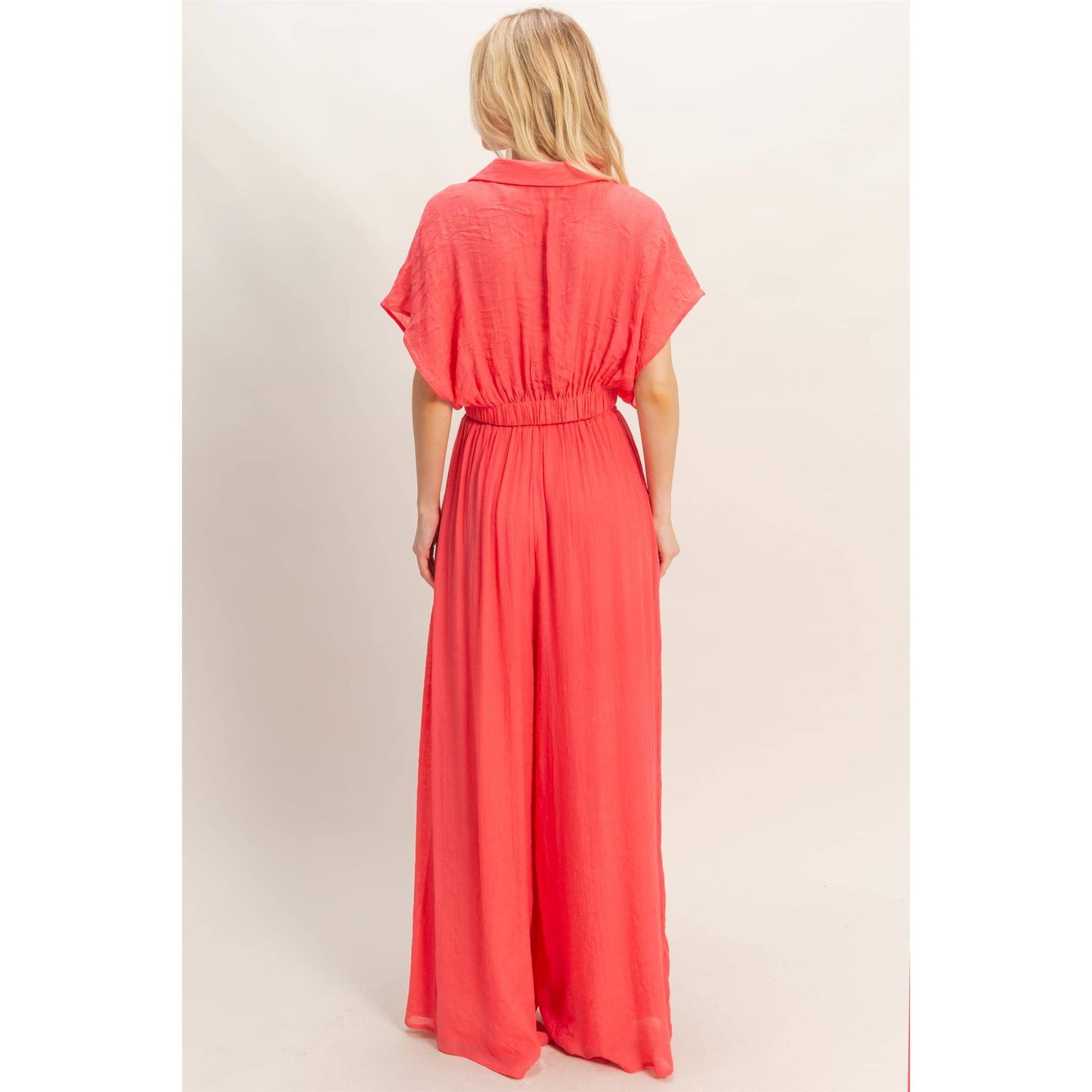 Collared Wrap Top & Wide-Leg Pants Set