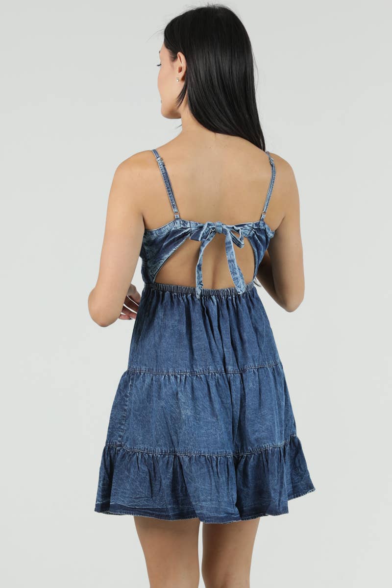 C4M44-ASIS ACID WASH DENIM V NECK DRESS WITH OPEN TIE BACK D
